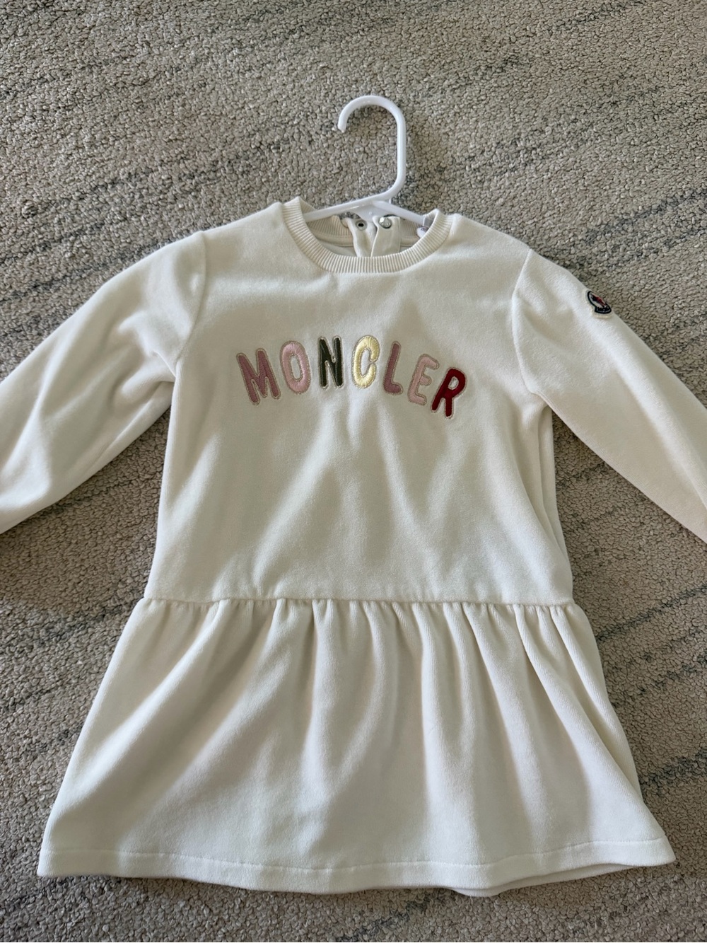 Moncler Cream Long-Sleeve Kids Sweatshirt Dress with Multicolor Logo